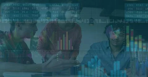 Collaborating data analysts interpreting analytics in modern office with laptop 写真素材