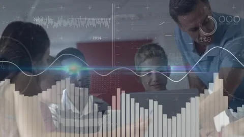 Collaborating on data analytics, business team in office with animation overlay Stock Footage 329032258
