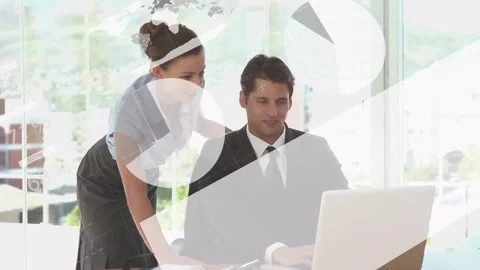 Collaborating on data charts, business professionals with laptop and world map Stock Footage 329854760