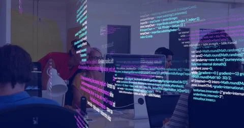 Collaborating dev team reviewing neon code on main iMac monitor at coworking Stock-Fotos