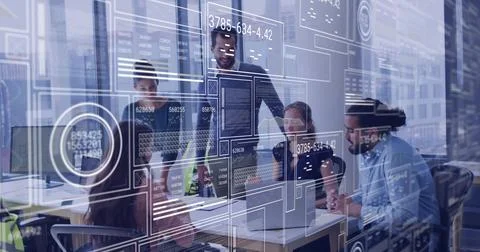 Collaborating developers pointing at computer screens in conference room, wit Stock Photos