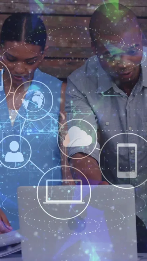 Collaborating with digital technology icons, diverse team working in school Stock Footage 344370447