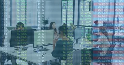 Collaborating five professionals in office attire analyzing data overlays at Foto stock