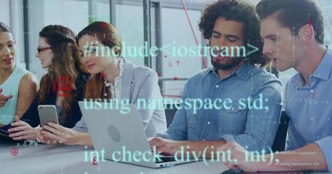 Collaborating five professionals reviewing code on laptops and smartphone at Stock Photos
