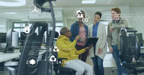 Collaborating four colleagues interacting with AR overlays at office, with Stock Photos