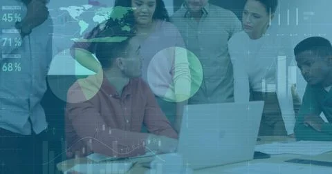 Collaborating group of seven professionals analyzing metrics in conference room, Stock Photos