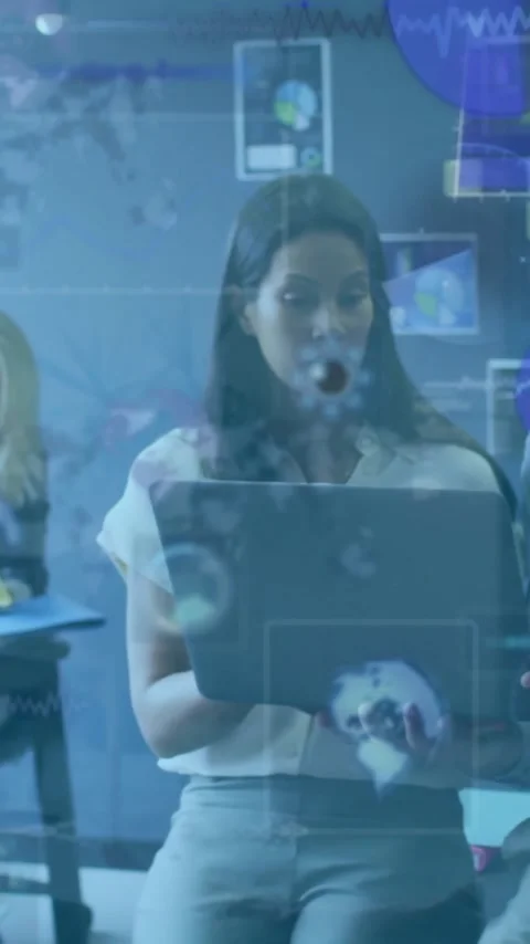 Collaborating on laptop, business professionals analyzing data with animation Stock Footage 344244762