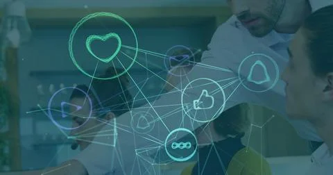 Collaborating in office, business professionals using digital interface icons on Stock Illustration