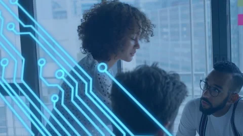 Collaborating in office, business team with animation of digital circuit pattern 動画素材 304841108