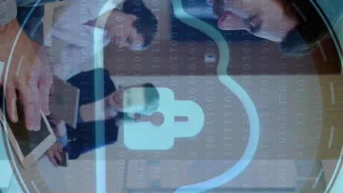 Collaborating in office, business team with cloud security animation overlay Stock Footage 313333589