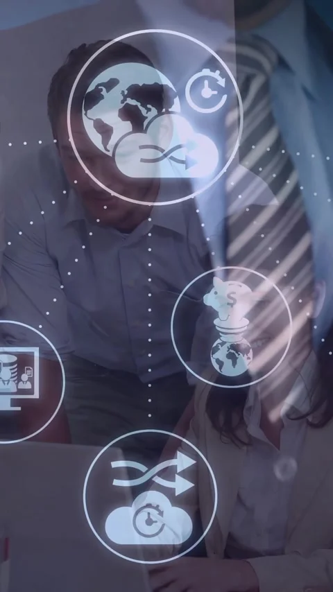 Collaborating in office, business team using animation with digital network Stock Footage 319811235