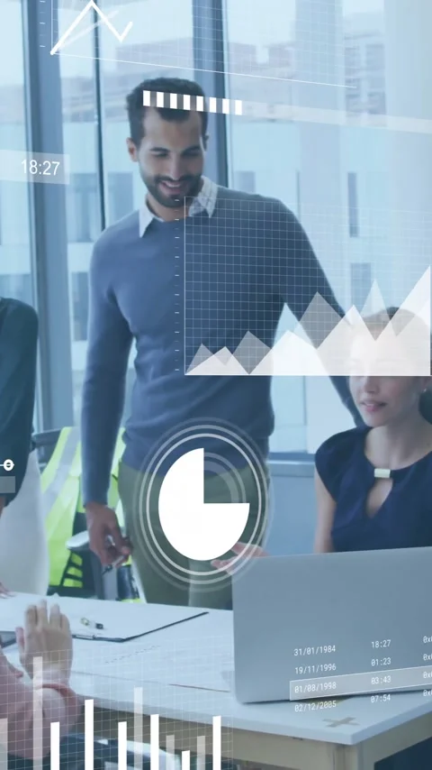 Collaborating in office, business team using data analytics animation on screen Stock Footage 321592238
