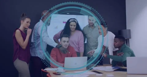 Collaborating in office, business team using laptop with digital data overlay Stock Footage 327849280