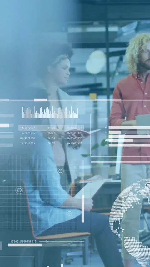 Collaborating in office, business team using animation for digital data Stock Footage 344244761