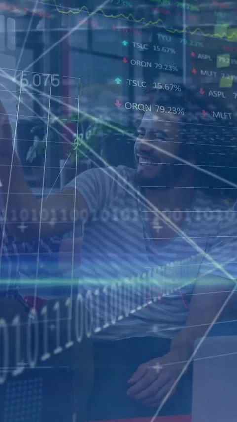 Collaborating in office, diverse group processing financial data with animation Stock Footage 319727626