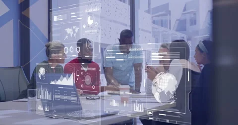 Collaborating in office, diverse team using animation for digital data analytics Stock Footage 303608169