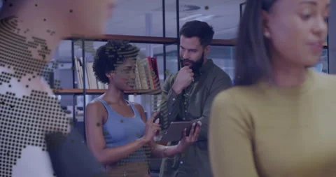 Collaborating in office, diverse team using animation and digital code overlay Video stock 304839919