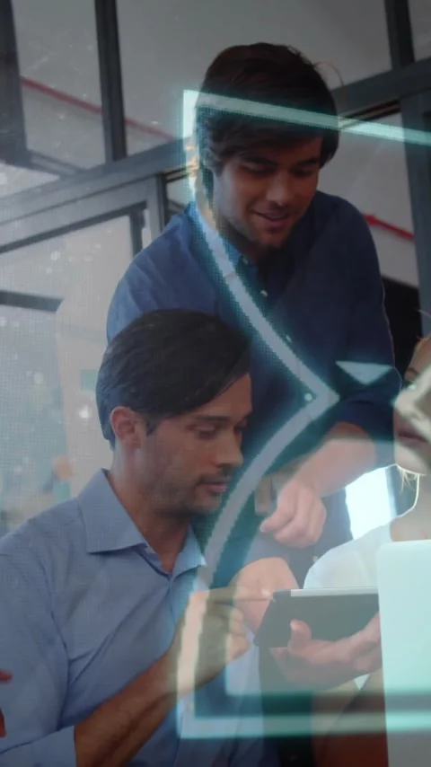 Collaborating in office, diverse team working with hourglass animation overlay Stock Footage 344370457