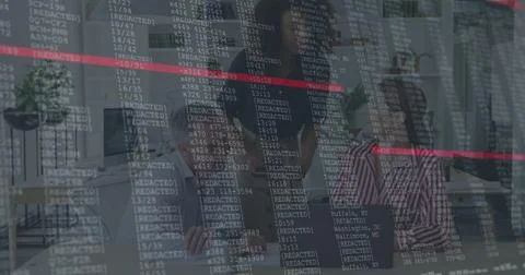 Collaborating office professionals reviewing code overlay in modern office, with Stock Photos