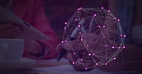 Collaborating at office, professionals using tablet with digital network overlay Stock Illustration