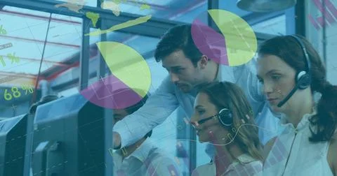 Collaborating in office, team using computers and headsets with digital Stock Illustration