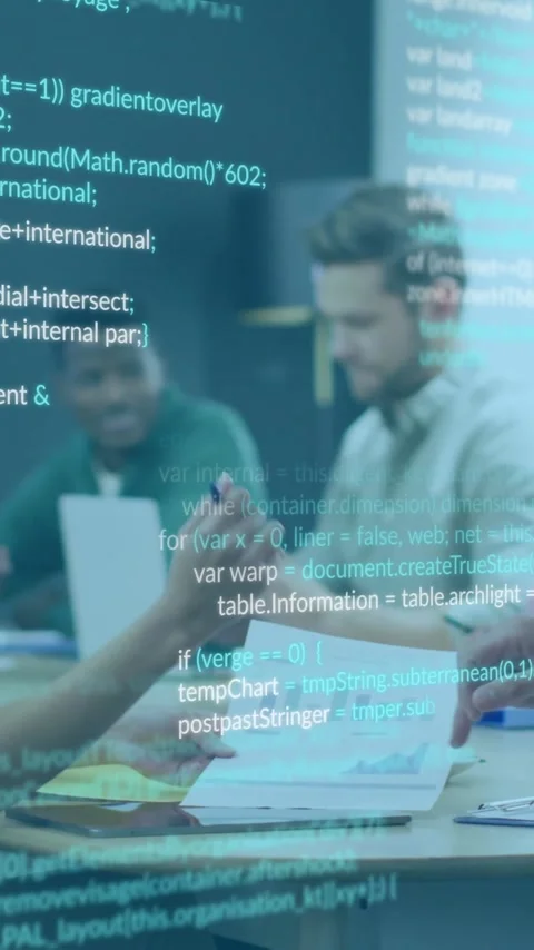 Collaborating in office, team working with digital code animation overlay Stock Footage 344370518