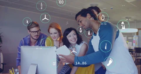 Collaborating over digital interface, business team analyzing data with various Stock Footage 304308567