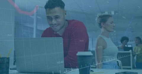 Collaborating professional in red shirt analyzing data overlays in open office, Stock Photos