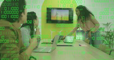 Collaborating professionals analyzing binary code overlay in office meeting 写真素材