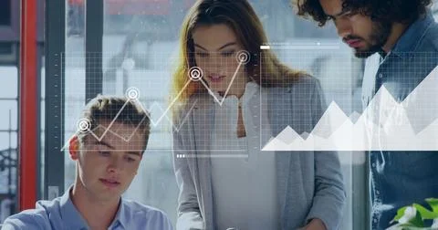 Collaborating professionals analyzing data around office desk, chart overlay Stock Photos