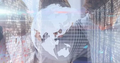 Collaborating professionals analyzing floating wireframe globe in conference Stock Photos