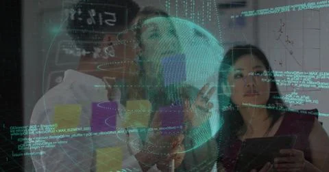 Collaborating professionals in business attire analyzing Earth hologram in Foto stock