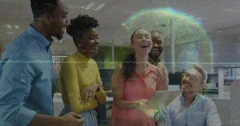 Collaborating professionals discussing data on tablet in office, holographic Stock Photos