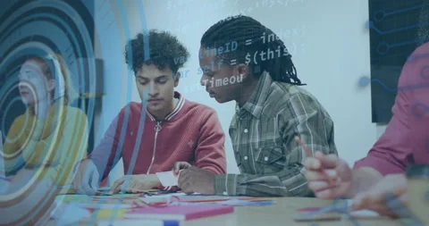 Collaborating on project, diverse students in school with coding animation Stock Footage 304765844