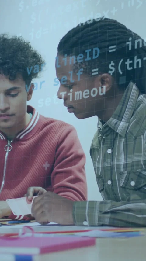 Collaborating on project, diverse students in school with coding animation Stock Footage 319617080
