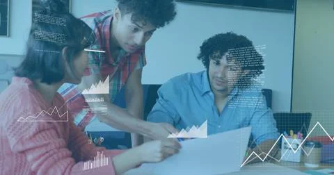 Collaborating on project, team using data visualization image in office setting Stock Photos