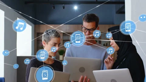 Collaborating in school, diverse group using laptops with animation and tech Stock Footage 303429344