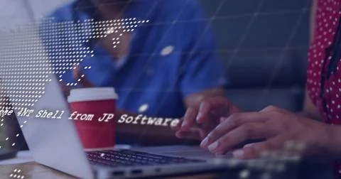 Collaborating software developers coding in office lounge, with laptop coffee Stock Photos