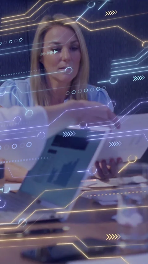 Collaborating at table, business team with animation of digital network Stock Footage 344370537
