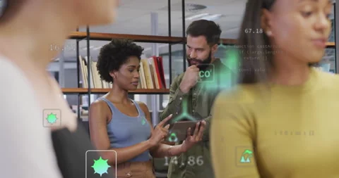 Collaborating on tablet, diverse colleagues with digital code overlay in office Stock Footage 306225682