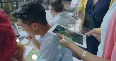 Collaborating with tablets, people programming code and creating data Stock Footage 304308840