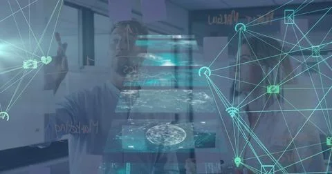 Collaborating team drawing holographic network maps on glass in meeting room, Stock Illustration
