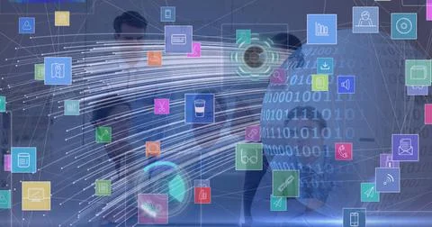 Collaborating team presenting holographic data in office with floating icons, 写真素材