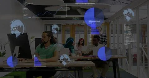 Collaborating team reviewing code at table in open-plan office, with laptops, Foto stock
