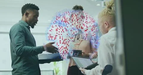 Collaborating three business professionals analyzing data globe in meeting room, Stock Photos