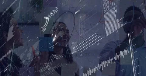 Collaborating three colleagues analyzing data on glass board in office, with Stock Photos