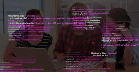 Collaborating three developers writing code on laptops in office meeting room, 스톡 사진