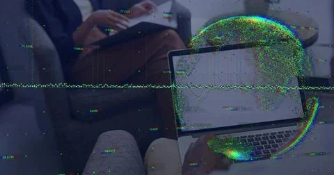 Collaborating three professionals analyzing code with globe overlay in office Stock Photos