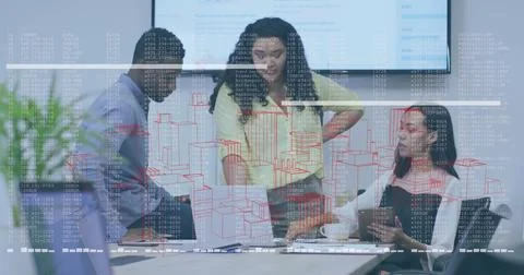 Collaborating three professionals wearing suits reviewing reports at conference Stock Photos