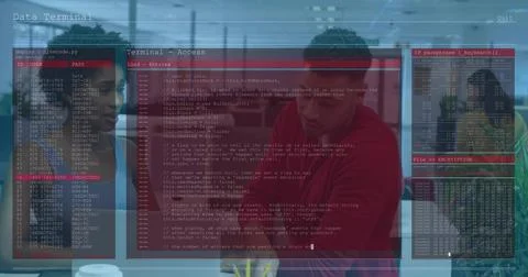 Collaborating three tech professionals reviewing projected code on glass in Stock Photos